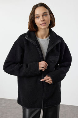 Winter Essentials Siyah Kal?n Polar Fermuarl? Dik Yaka Uzun Kol Cepli Orme Sweatshirt TWOAW24SW00071