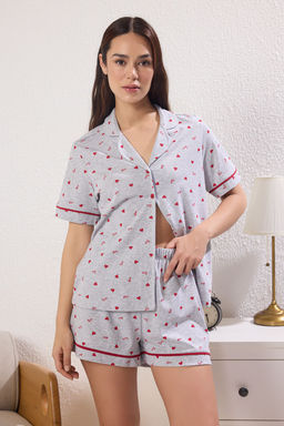 Trendyolmilla Gri Melanj %100 Pamuklu Kalpli ve Sloganl? Sortlu Orme Pijama Tak?m? THMSS25PT00405  фото 2