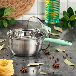 Ковш нерж/ сталь, 1.7 л, крышка стекло, индукция, силикон/ ручки мятные, SD23-16SP-2 Daniks, 451813  фото 3