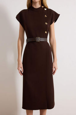 Kahverengi Kemerli Duz Midi Dokuma Elbise TWOSS26EL00121 - Trendyolmilla фото 3