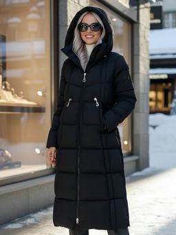 Пальто зимнее утепленное с капюшоном женское черного цвета 7729Ch