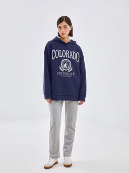 Kap??onlu Bask?l? Oversize Kad?n Kal?n Sweatshirt Tunik