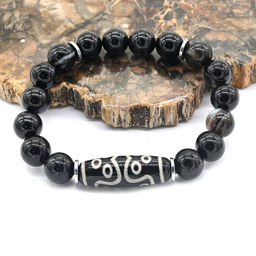 Браслет Дзи Одиннадцать глаз цилиндр 10*29мм с агатом глазковым шарик 10мм, 17см Радуга камня