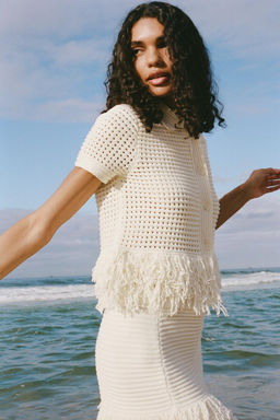 FRINGED CHECK KNIT JACKET - Zara фото 4