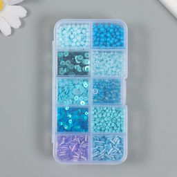 Бисер стекло 6/0, 12/0 в шкатулке «Голубой», стеклярус и пайетки, 12.5×6.5×2 см
