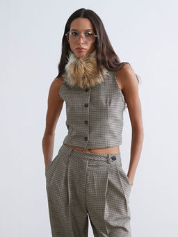 Bisiklet Yaka Ekose Kad?n Klasik Yelek