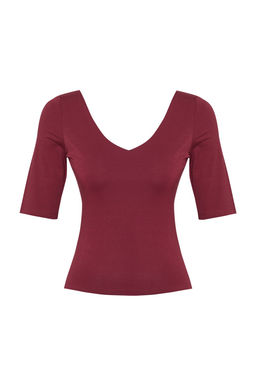 Trendyolmilla Tas Fitted/Vucuda Oturan V Yaka S?rt Dekolteli Esnek Orme Bluz TWOSS25BZ00083 фото 6