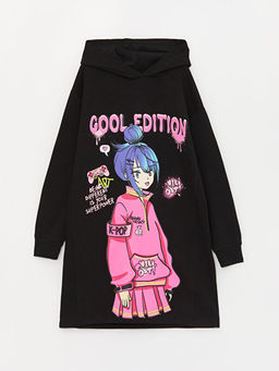 Kap??onlu Bask?l? Uzun Kollu K?z ?ocuk Elbise