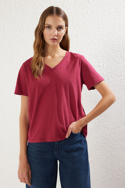 TRENDYOLMILLA Siyah-Beyaz %100 Pamuk 2li Paket Basic V Yaka Orme T-Shirt TWOSS23TS00002 фото 4