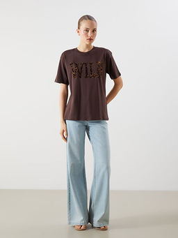 Bisiklet Yaka Bask?l? Oversize Kad?n Ti??rt