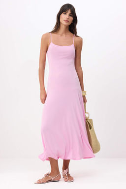 Pembe A-Kesim/Can Form Havuz Yaka Ince Ask?l? Kolsuz Maxi Esnek Orme Elbise TWOSS26EL00010