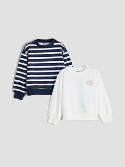 Bisiklet Yaka Bask?l? K?z ?ocuk Sweatshirt 2li