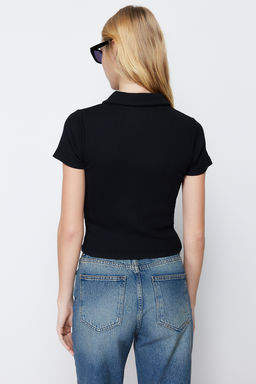 Siyah Fitilli Dikis Detayl? Polo Yaka Crop Esnek Orme Bluz TWOSS24BZ00366 - Trendyolmilla фото 5