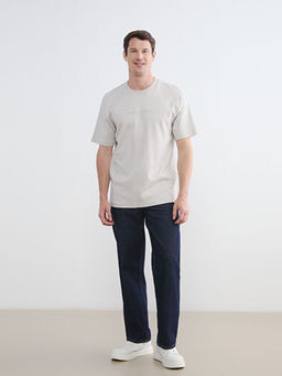 Oversize Fit Bisiklet Yaka Bask?l? Erkek Ti??rt