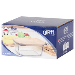 51964 GIPFEL Контейнер стеклянный STOR 1,2л/17,5х17,5х7см, квадратный с крышкой. Материал: боросиликатное стекло, бамбук, силикон