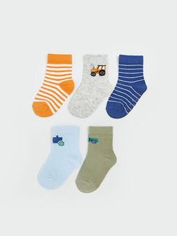 Bask?l? Erkek Bebek Soket ?orap 5li