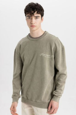 Comfort Regular Fit Rahat Kal?p Bisiklet Yaka S?rt Bask?l? Sweatshirt