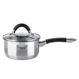 Ковш из нержавеющей стали Телфорд 1,5л, д16см, h8см, s0,6мм, дно s2,8мм, стеклянная жаропрочная крышка, широкий металлический ободок с отверстиями для слива жидкости, пароотвод, ручки из нержавеющей стали с силиконовыми вставками, капсулированное д