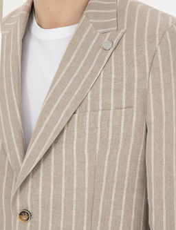 A__k Kahverengi Slim Fit Keten _izgili Ceket