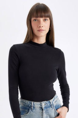 Siyah Slim Fit Dar Kesim Yar?m Bal?kc? Yaka Casual Basic Duz Uzun Kollu Tisort