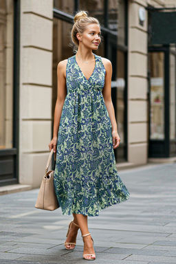 TRENDYOLMILLA Mavi Etnik Bask?l? V Yaka Etegi F?rfl?rl? Buzgulu Fitilli Esnek Maxi Orme Elbise TWOSS25EL00093