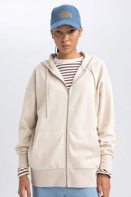 Oversize Genis Kal?p Kapusonlu Cepli Basic Duz Fermuarl? Sweatshirt - Defacto фото 2