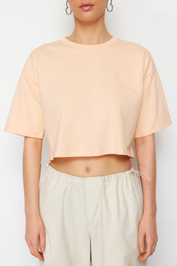 TRENDYOLMILLA Beyaz %100 Pamuk Premium Crop Bisiklet Yaka Orme T-Shirt TWOSS23TS00038  фото 20