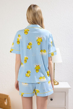Trendyolmilla Mavi %100 Pamuklu Ordek Desenli Biyeli Sortlu Orme Pijama Tak?m? THMSS25PT00300  фото 12
