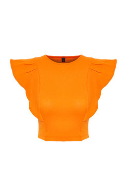 Trendyolmilla Turuncu Kollar? F?rf?rl? Fitilli Esnek Bisiklet Yaka Crop Orme Bluz TWOSS24BZ00370 фото 15