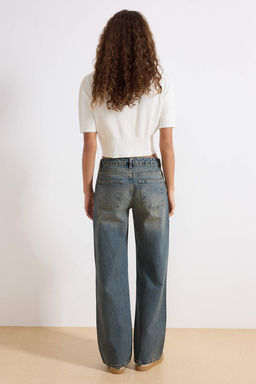 Koyu Mavi Premium Vintage Y?kama Efektli Dusuk Bel Wide Leg Jeans TWOSS25JE00083 - Trendyolmilla фото 8