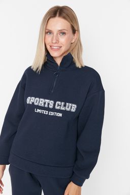 TRENDYOLMILLA Lacivert Regular/Normal Kal?p Sloganl? Fermuarl? Kal?n Ici Polarl? Sweatshirt TWOAW23SW00703