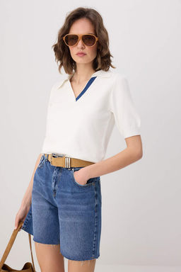 Ekru Denim Garni Detayl? Polo Yaka Triko Bluz TWOSS26BZ00122