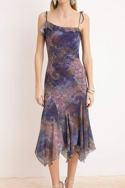 Mor-Cok Renkli Soyut Desen Sifon Midi Astarl? Party Elbise TPRSS26EL00072