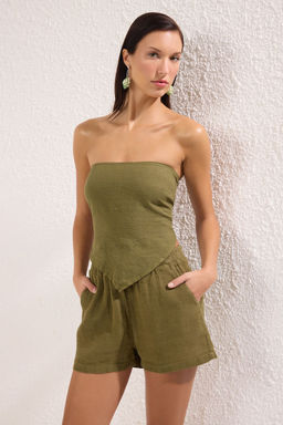 Haki Dokuma %100 Keten Fular Bustiyer Plaj Bluz TBESS25BZ00011 - Trendyolmilla фото 5