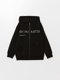 Kap??onlu Bask?l? Uzun Kollu Erkek ?ocuk Fermuarl? Sweatshirt