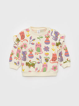 Bisiklet Yaka Uzun Kollu Desenli K?z Bebek Sweatshirt ve Pantolon 2li Tak?m