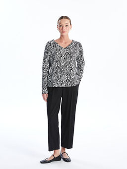 V Yaka Desenli Uzun Kollu Kad?n Bluz