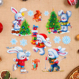 Наклейки новогодние «Зимние зайки» 49×33.5 см