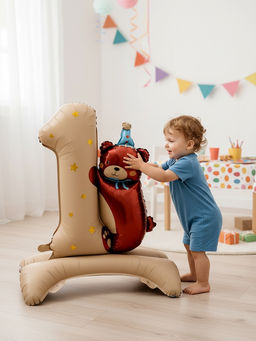 Цена за 2 шт. Воздушный шар фольгированный 32" "Цифра 1 с мишкой"  цвет бежевый, под воздух