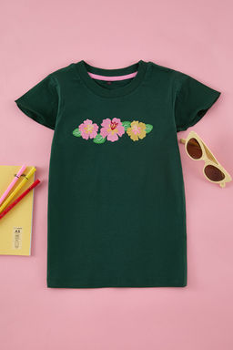 Zumrut Yesili K?z Cocuk %100 Pamuk Cicekli Regular/Normal Kal?p K?sa Kol Orme T-Shirt TKDSS25TS00046