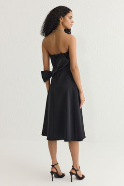 Siyah Fiyonk Detayl? Tas Bask?l? Straplez Dokuma Midi Abiye Gece Mezuniyet Elbisesi TPRSS25EL00116 - Trendyolmilla фото 5