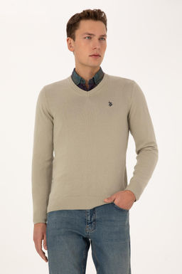 Erkek Slim Fit V Yaka Haki Melanj Basic Triko Kazak - U.s. polo assn фото 3