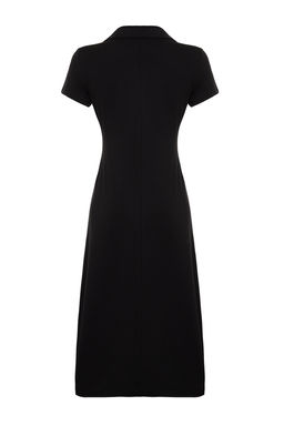 Siyah Polo Yaka Renk Bloklu Skater/Belden Ac?lan Pamuklu Esnek Orme Midi Elbise TWOSS24EL00480