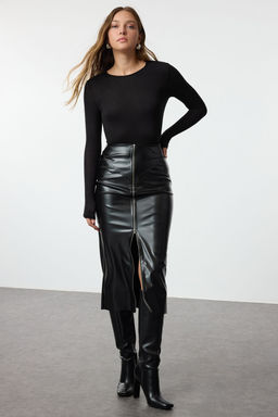 TRENDYOLMILLA Siyah Fermuar Detayl? Midi Suni Deri Dokuma Etek TWOAW25ET00032 фото 10