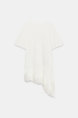 CAMISETA COMBINADA ENCAJE CUELLO PANADERO / Crudo