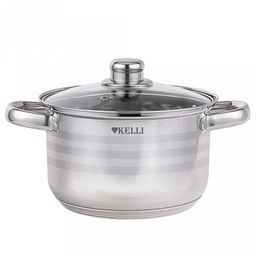 Кастрюля из нержавеющей стали "Kelli" 5,5л, д24см, h14см капсульное дно, зеркальная и матовая полировка стеклянная крышка с паровыпуском, термостойкая клепаная ручка (Китай) Подходит для всех видов плит.