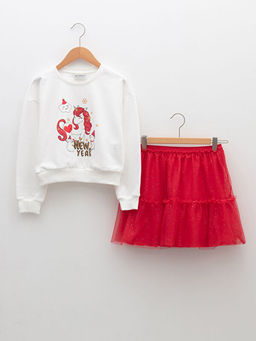 Bisiklet Yaka Y?lba?? Temal? Uzun Kollu K?z ?ocuk Sweatshirt ve Etek