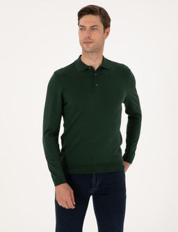 Koyu Ye_il Slim Fit Polo Yaka Basic Triko Kazak