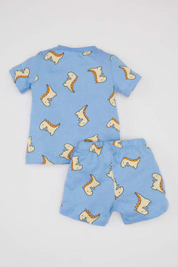 Пижамный комплект из чесаного хлопка с короткими рукавами и шортами для мальчика с принтом динозавров - Defacto фото 10