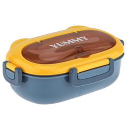 Ланч-бокс для продуктов пластмассовый Вкусно 20х12см h6,3см, 2 отделения 1л, с ложкой 14,3см, с вилкой 14,3см, с клипсами, с пароотводом, с уплотнителем, цвета в ассортименте: серо-бежевый, зеленый, сине-желтый, розово-карамельный, в п/эт пакете (К